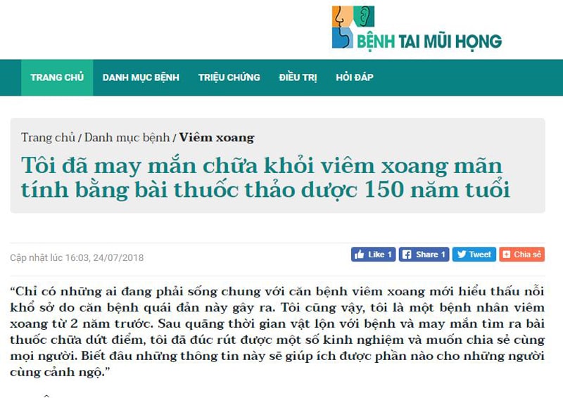 Câu chuyện chữa lành viêm xoang của bác Kha được chia sẻ trên chuyên trang Benhjtaimuihong.net