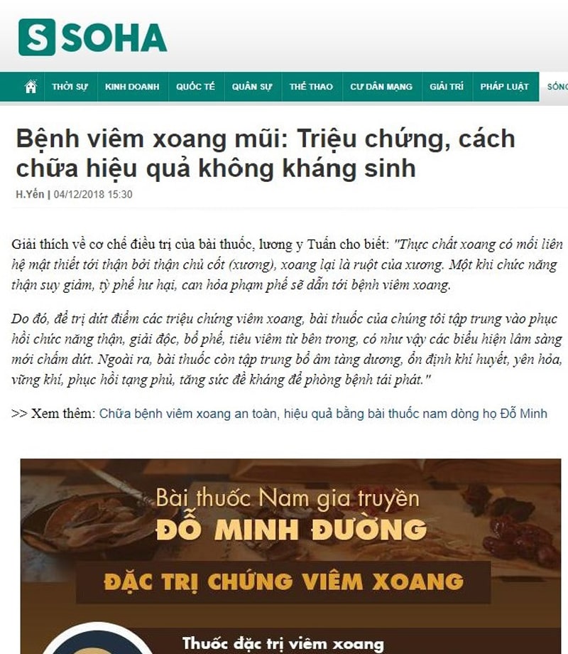 Hiệu quả chữa bệnh viêm xoang của nhà thuốc Đỗ Minh Đường được giới thiệu trên tờ Soha
