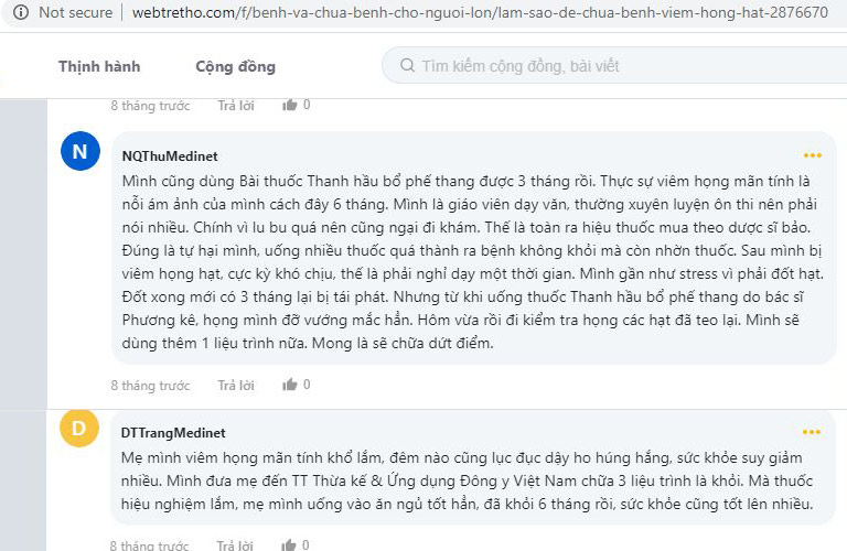 Bệnh nhân viêm họng mãn tính phản hồi về bài thuốc Thanh Hầu Bổ Phế Thang trên webtretho Bệnh nhân viêm họng mãn tính phản hồi về bài thuốc Thanh Hầu Bổ Phế Thang trên webtretho