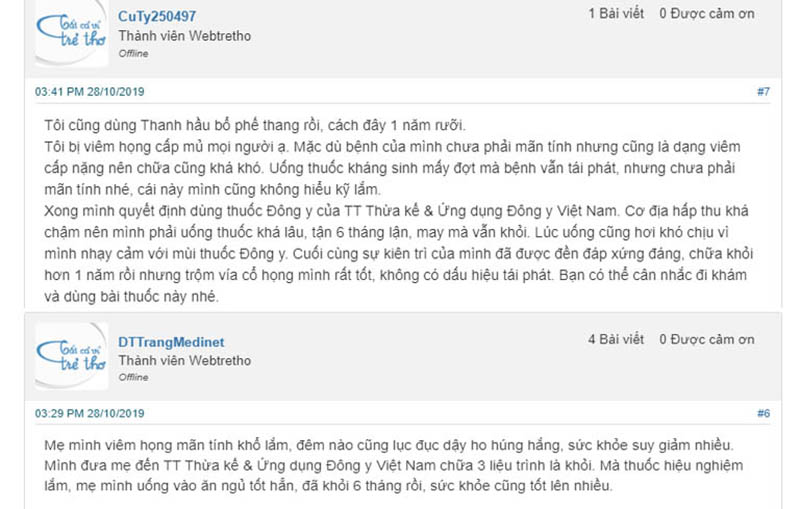 Người bệnh phản hồi về Thanh hầu bổ phế thang Người bệnh phản hồi về Thanh hầu bổ phế thang